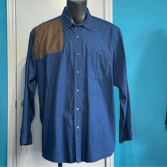 Orvis Classic Blue Cotton Button down long sleeve Shirt with suede patch XXL - Picture 2 of 11
